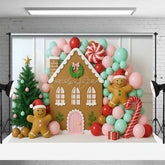Lofaris Christmas Gingerbread House Photography Backdrop Pastel Balloon Garland and Xmas Tree Kids Holiday Photo Prop